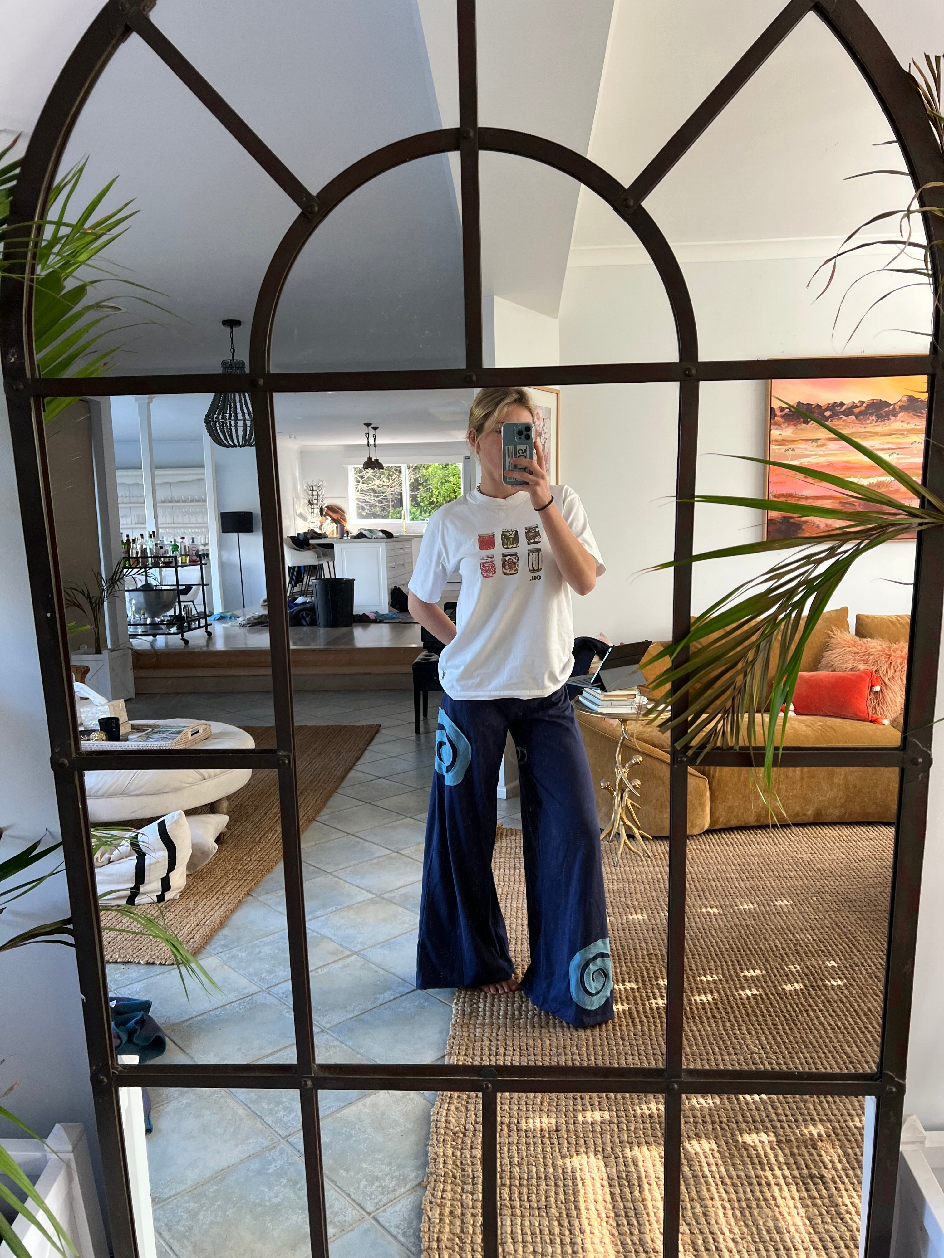 I Am Spiralling Pants ~ Wide-Leg Cotton ~ Navy & Aqua