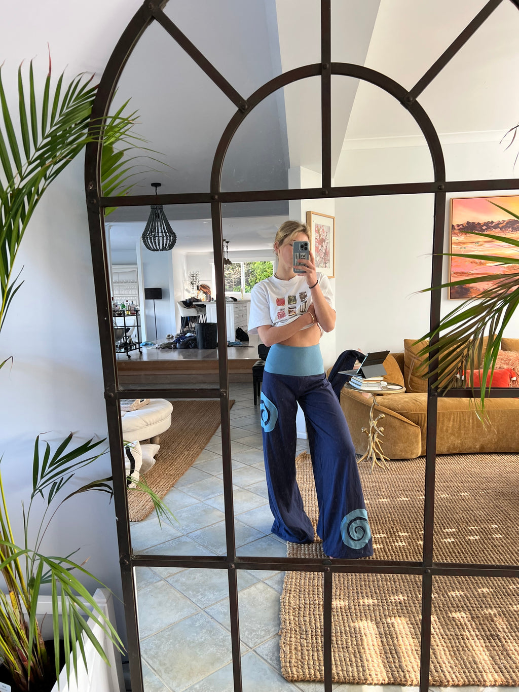 I Am Spiralling Pants ~ Wide-Leg Cotton ~ Navy & Aqua