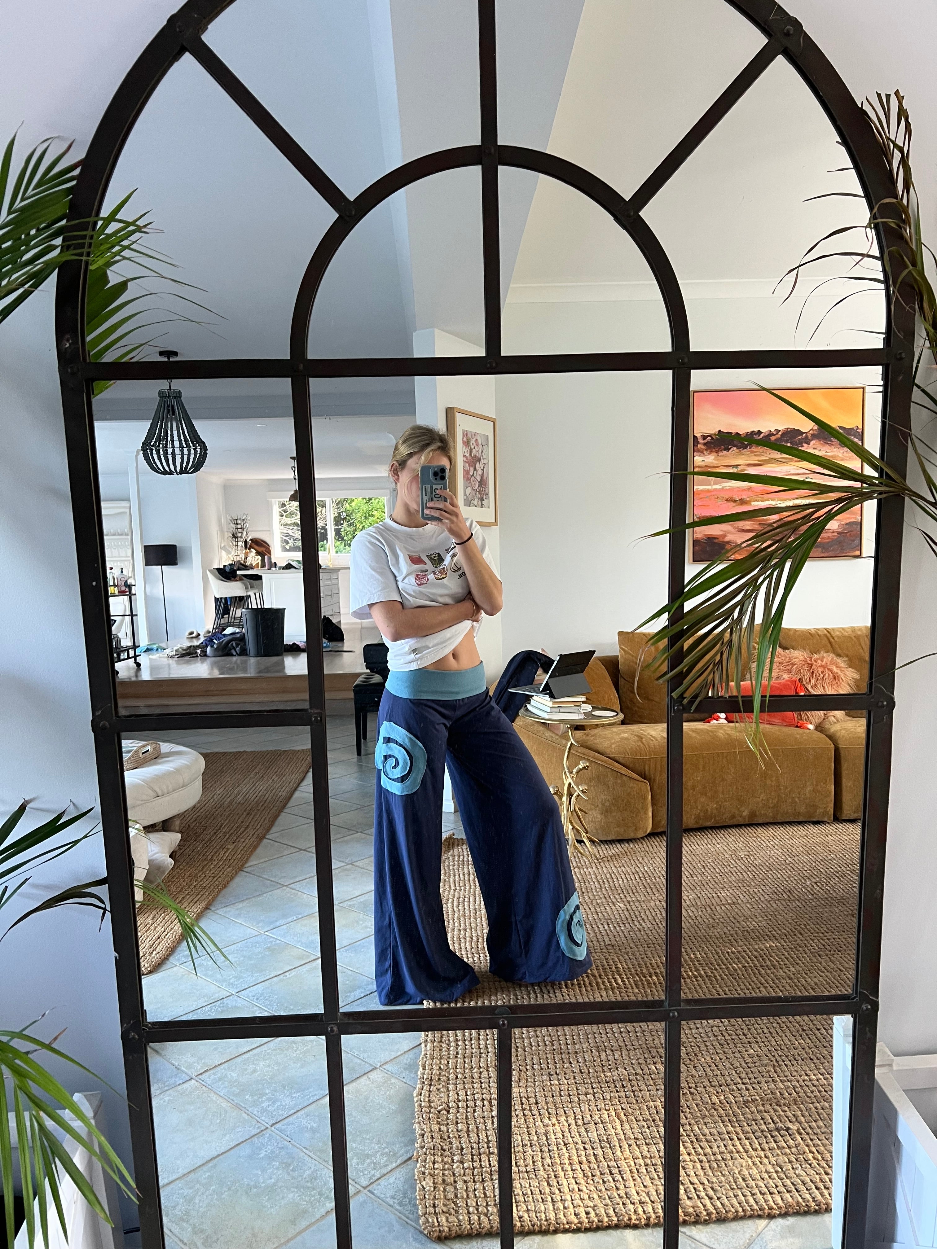 I Am Spiralling Pants ~ Wide-Leg Cotton ~ Navy & Aqua